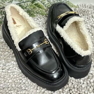 Sam Edelman Black Patent Loafers with Cream Faux-Sherpa Lining